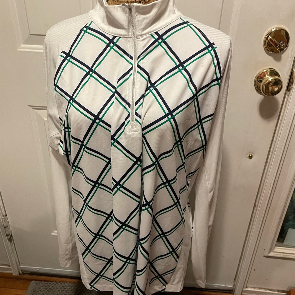 Lady Hagen White and Green Plaid Quarter-Zip Pullover